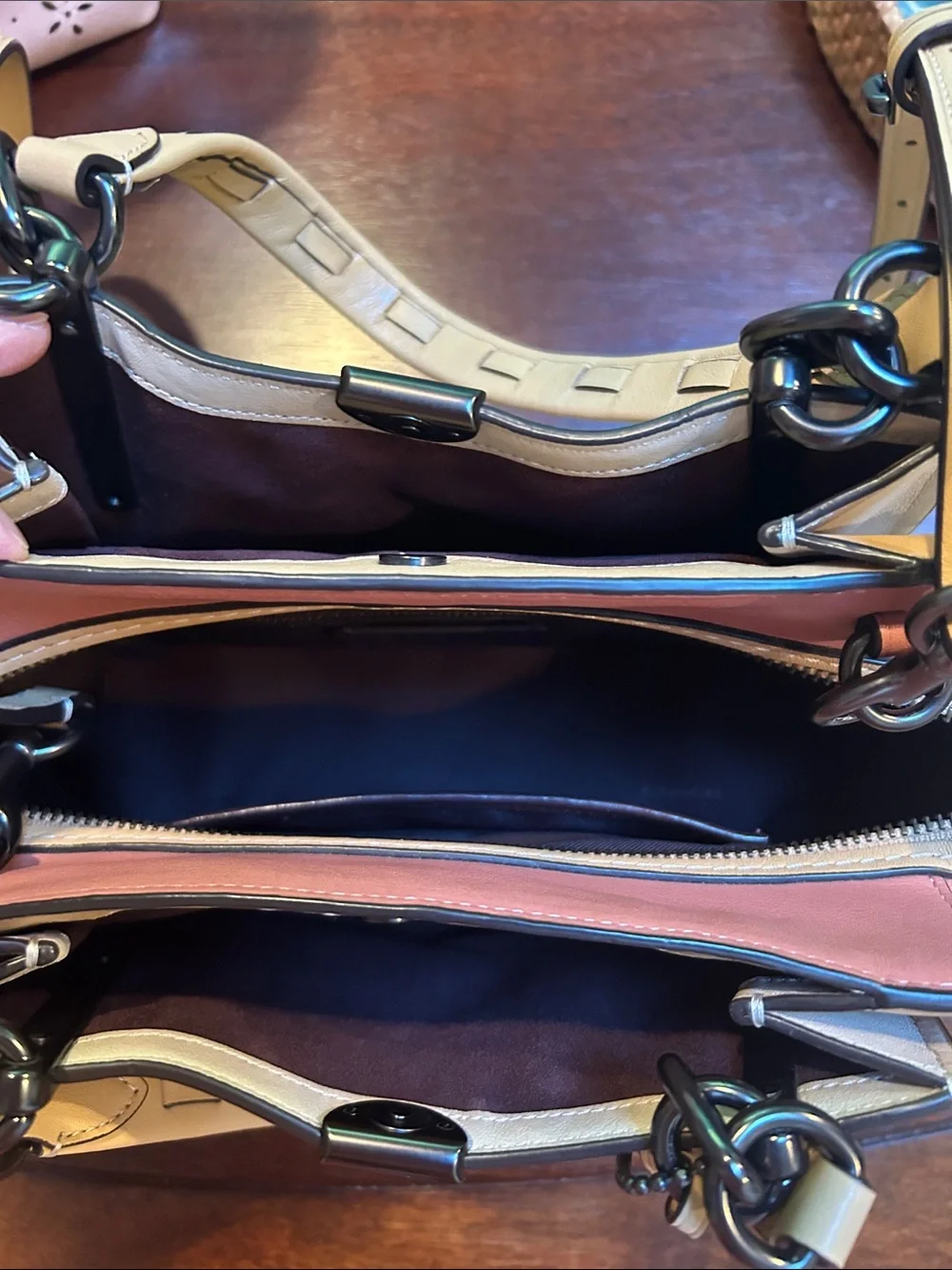 Coach Two-Tone Cream and Pink Leather Satchel with Contrast Trim